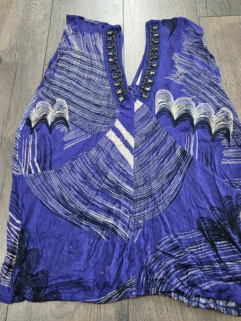 Women's Deletta Patterned Purple Beaded V-neck Sleeveless Blouse Size S